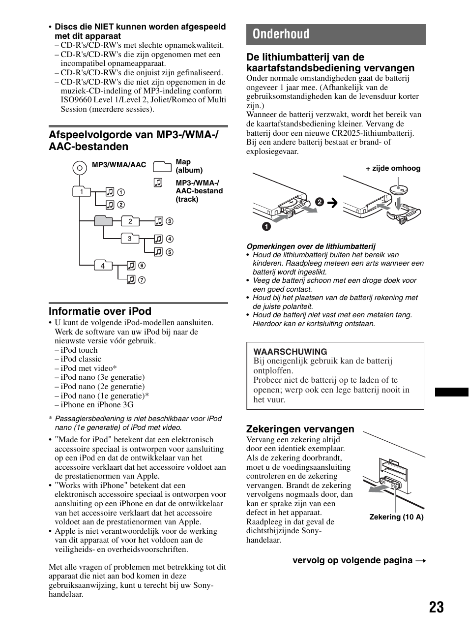 Afspeelvolgorde van mp3-/wma-/ aac-bestanden, Informatie over ipod, Onderhoud | Sony CDX-M60UI User Manual | Page 131 / 140