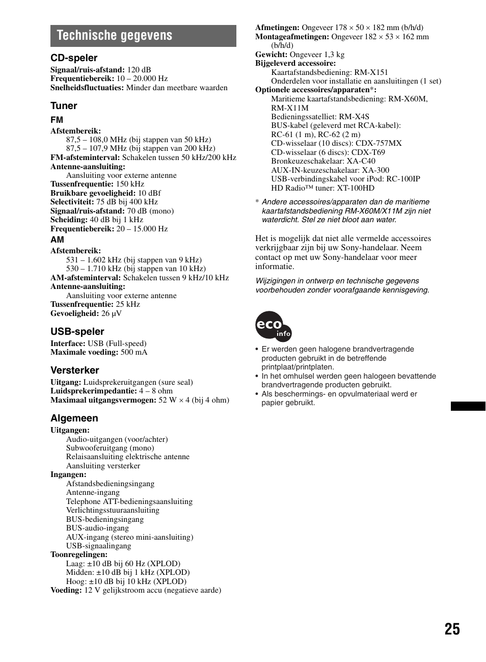 Technische gegevens | Sony CDX-M60UI User Manual | Page 133 / 140