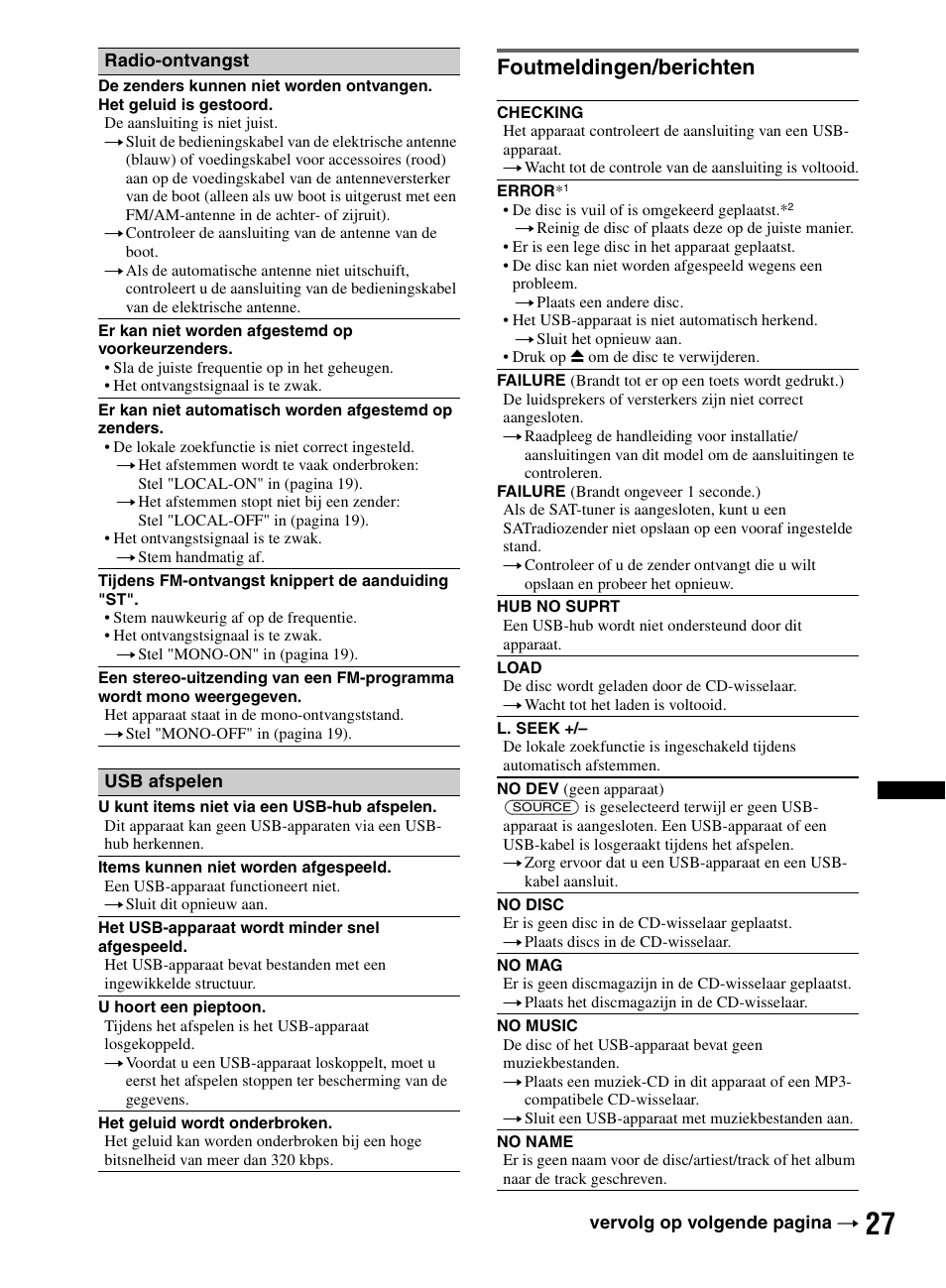 Foutmeldingen/berichten | Sony CDX-M60UI User Manual | Page 135 / 140