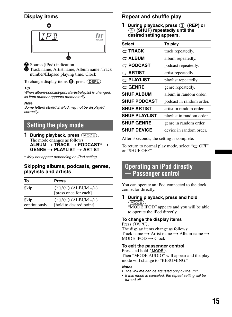 Display items, Setting the play mode, Repeat and shuffle play | Operating an ipod directly - passenger control, Operating an ipod directly — passenger control | Sony CDX-M60UI User Manual | Page 15 / 140