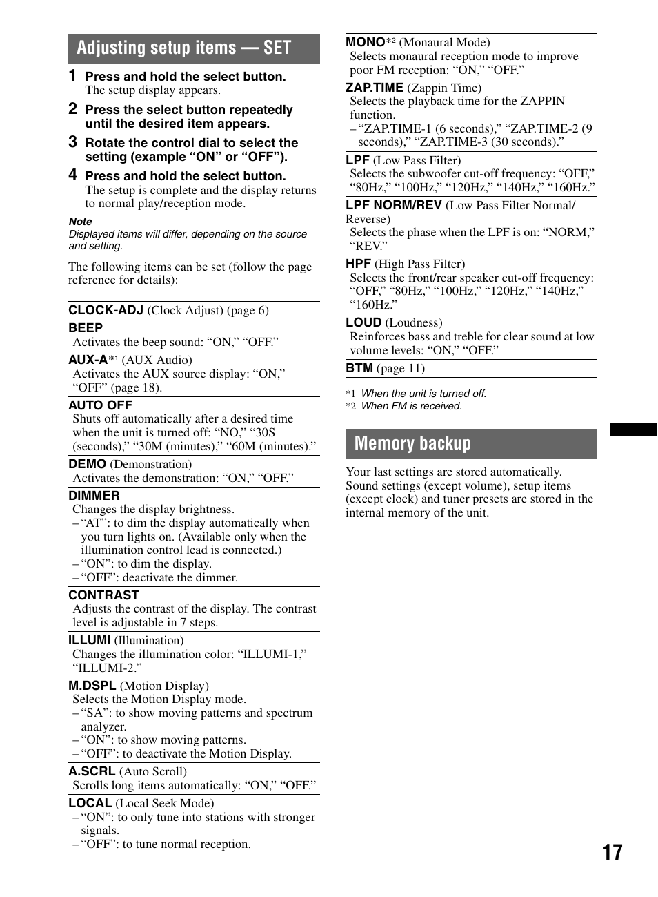 Adjusting setup items - set, Memory backup, Adjusting setup items — set memory backup | Adjusting setup items — set | Sony CDX-M60UI User Manual | Page 17 / 140