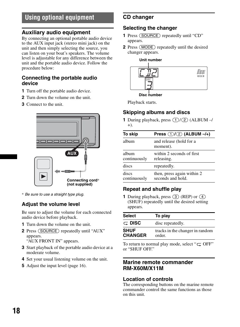 Using optional equipment, Auxiliary audio equipment, Cd changer | Marine remote commander rm-x60m/x11m | Sony CDX-M60UI User Manual | Page 18 / 140