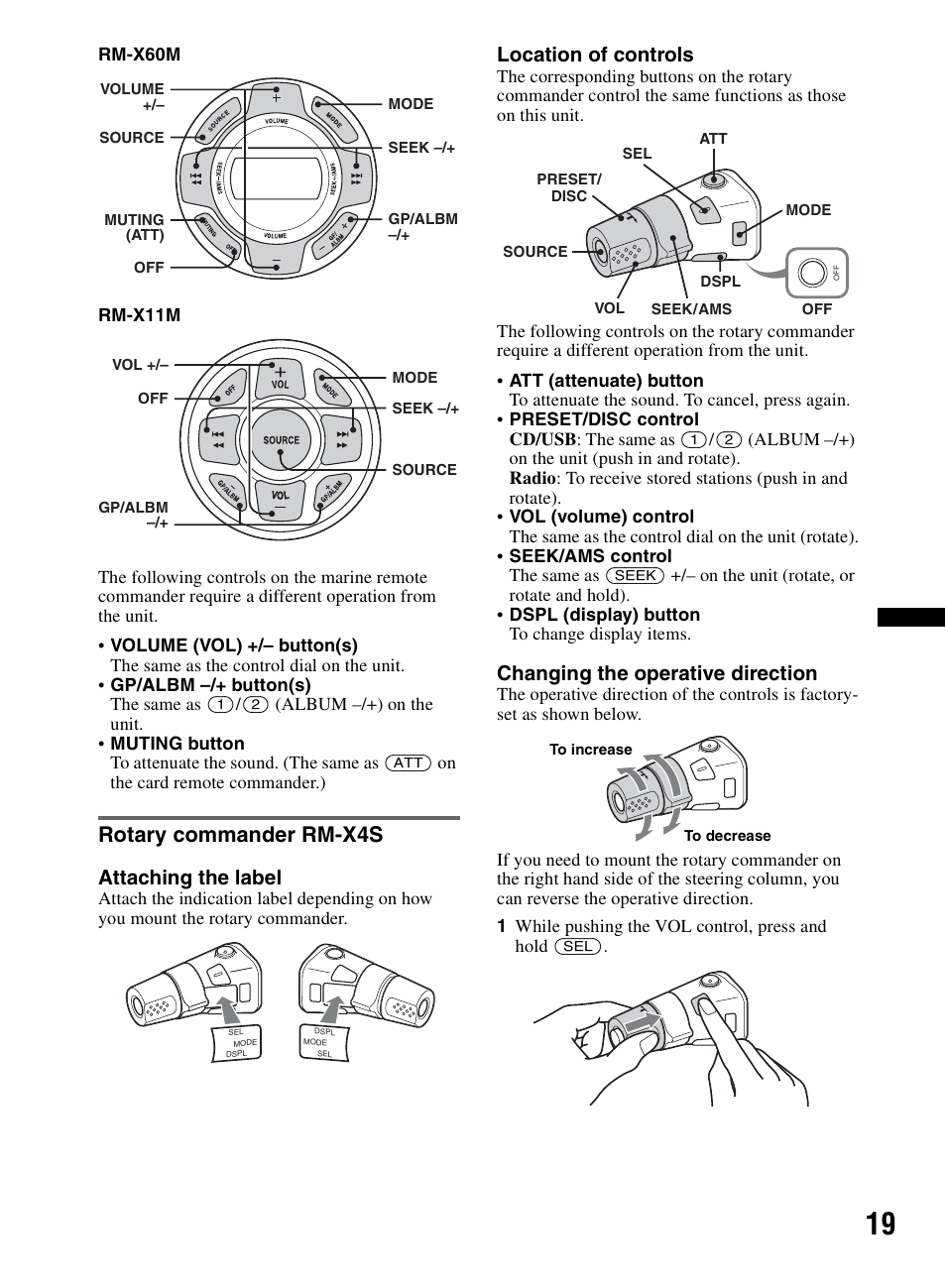 Rotary commander rm-x4s, Attaching the label, Location of controls | Changing the operative direction | Sony CDX-M60UI User Manual | Page 19 / 140