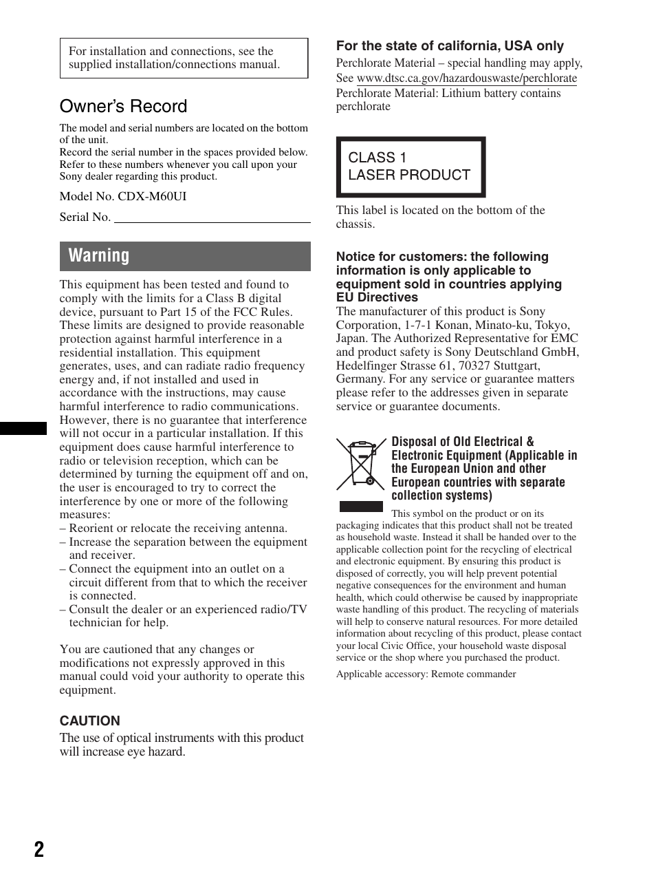 Owner’s record, Warning | Sony CDX-M60UI User Manual | Page 2 / 140