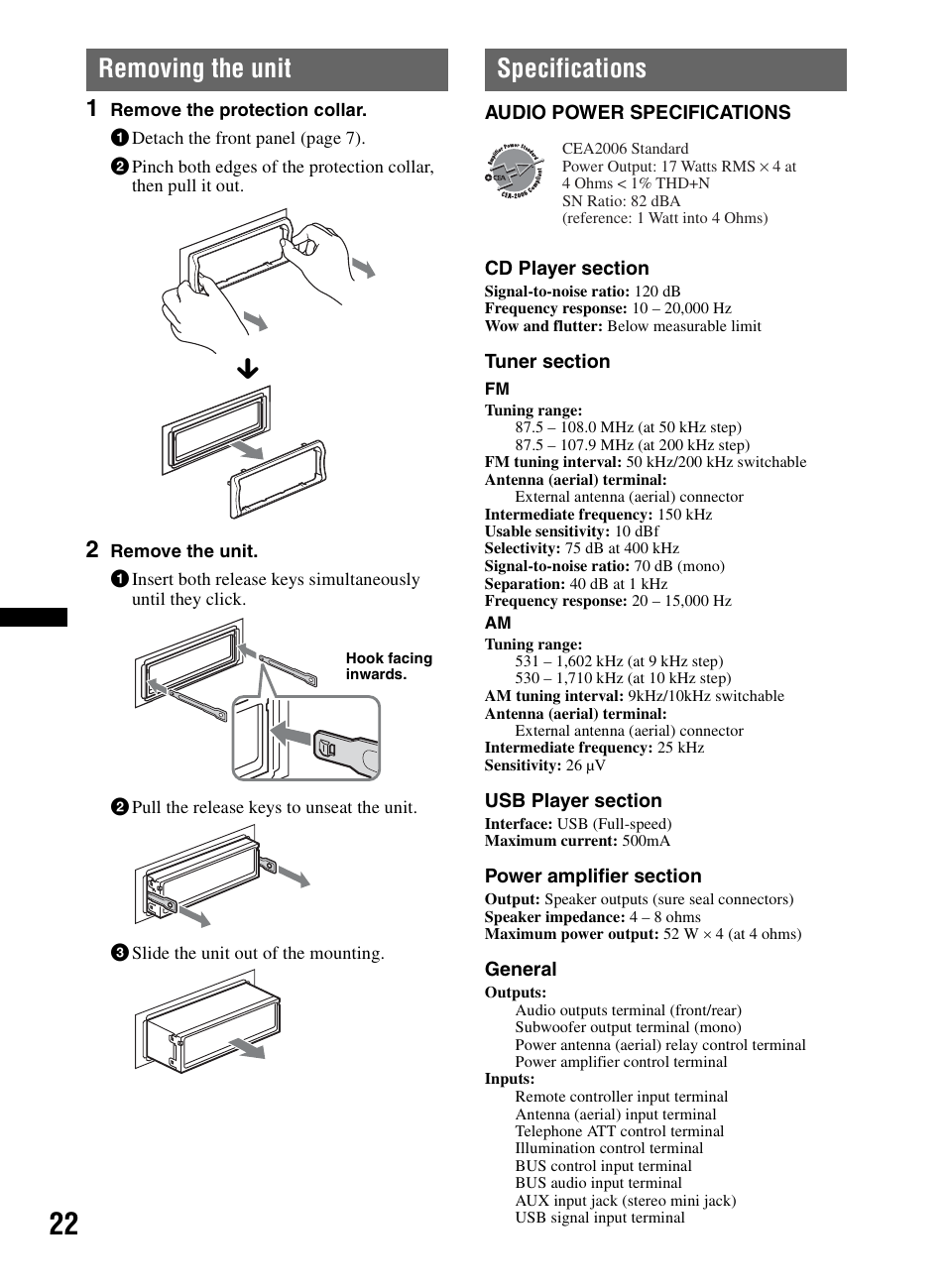 Removing the unit, Specifications, Removing the unit specifications | Sony CDX-M60UI User Manual | Page 22 / 140