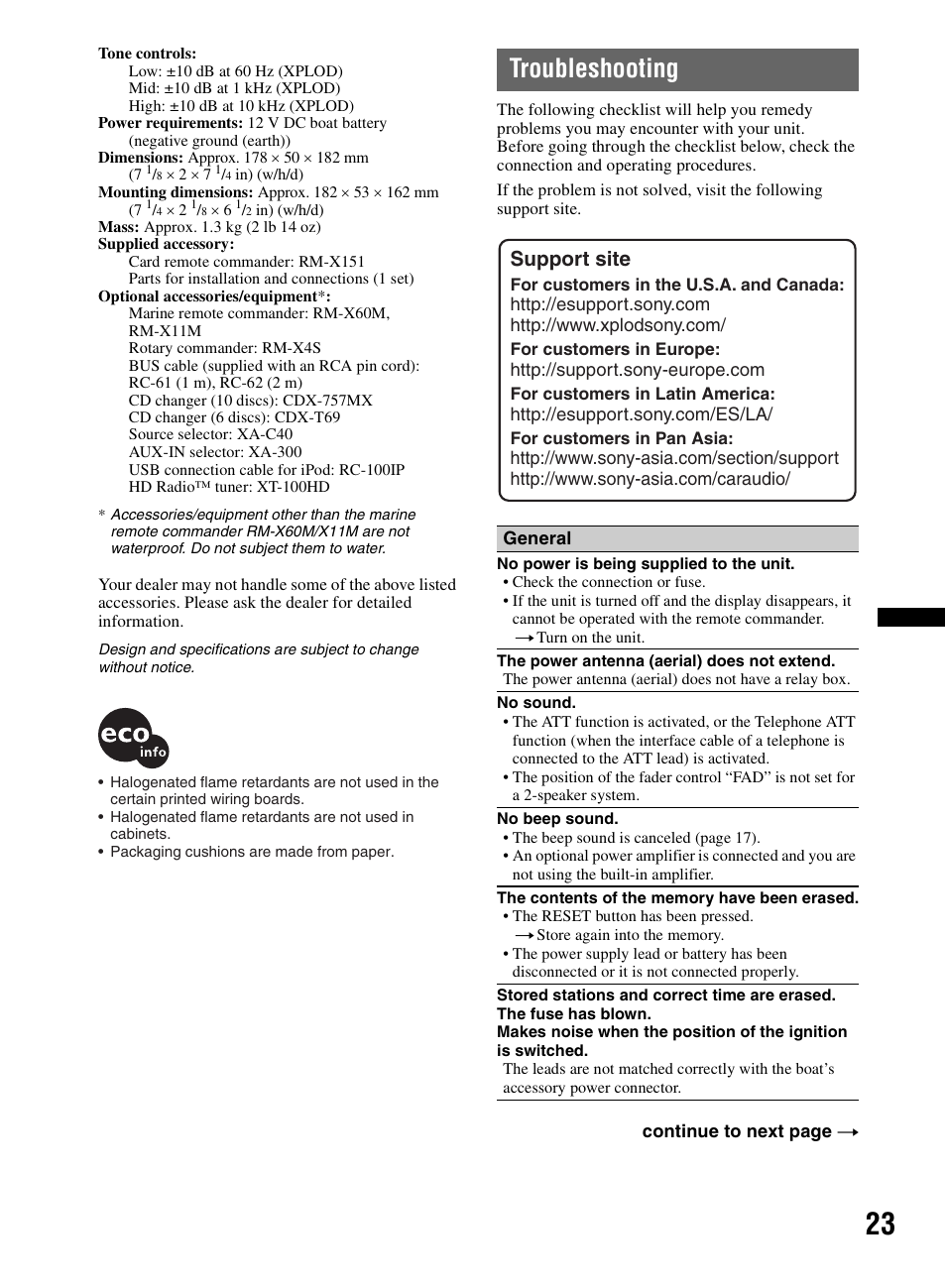 Troubleshooting, Support site | Sony CDX-M60UI User Manual | Page 23 / 140