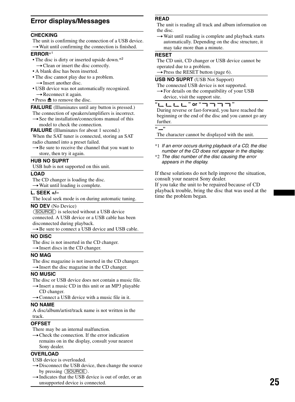 Error displays/messages | Sony CDX-M60UI User Manual | Page 25 / 140