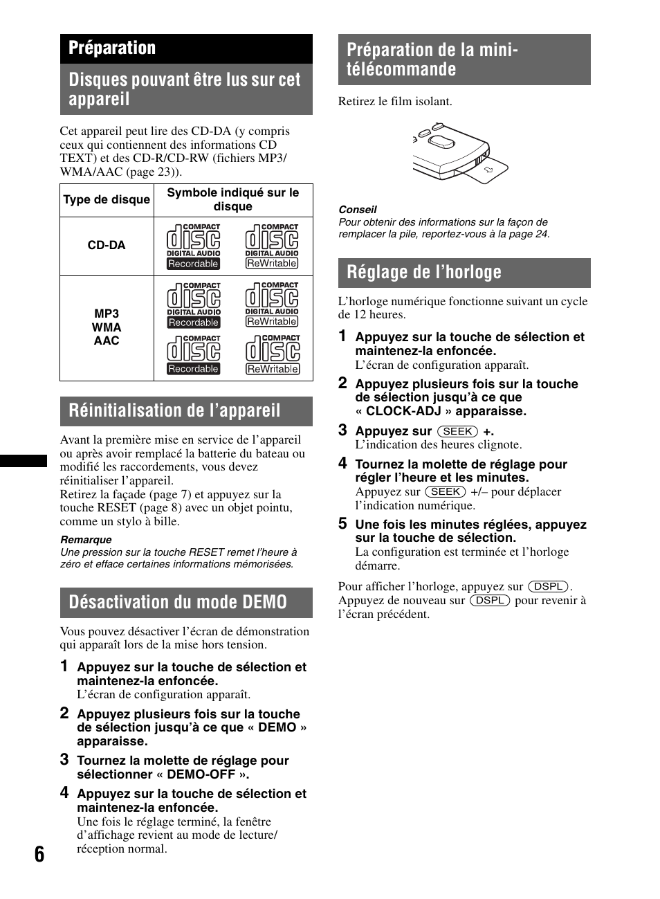 Préparation, Disques pouvant être lus sur cet appareil, Réinitialisation de l’appareil | Désactivation du mode demo, Préparation de la mini- télécommande, Réglage de l’horloge | Sony CDX-M60UI User Manual | Page 30 / 140