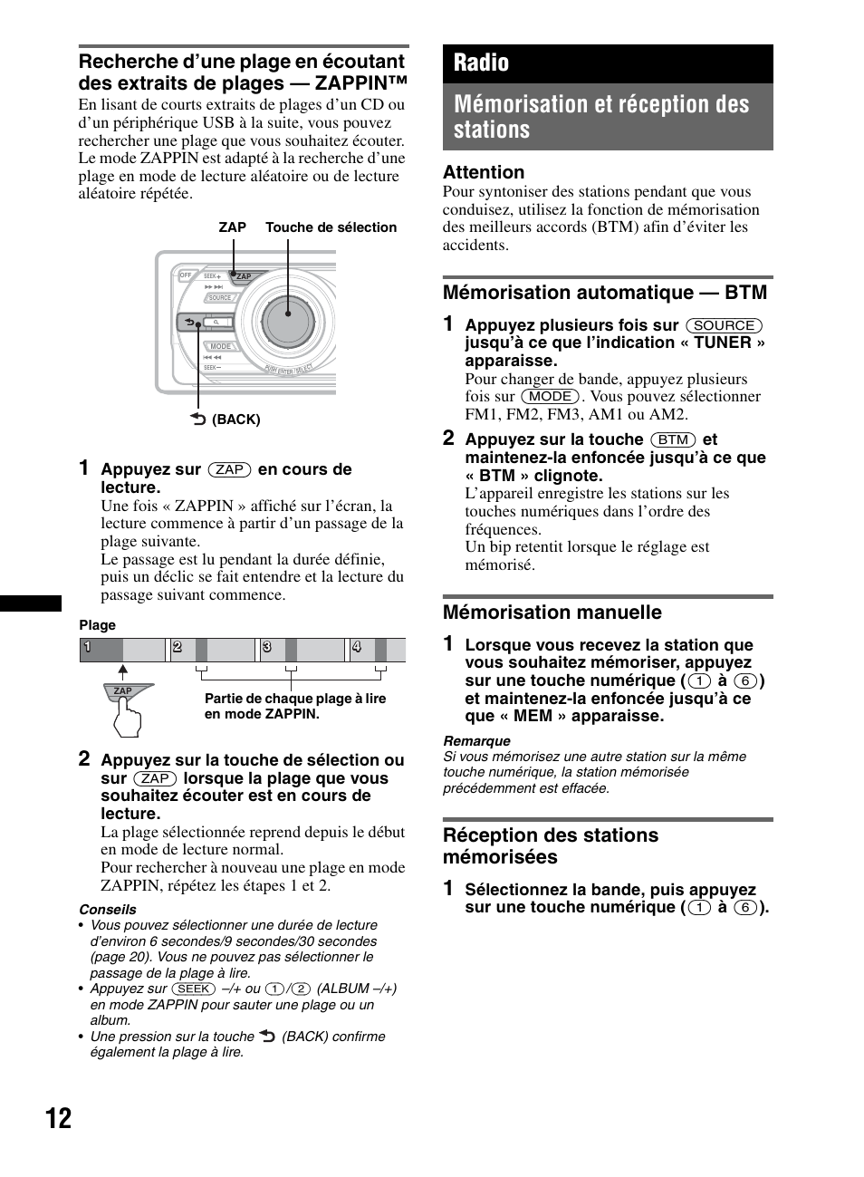 Radio, Mémorisation et réception des stations, Mémorisation automatique - btm | Mémorisation manuelle, Réception des stations mémorisées, Radio mémorisation et réception des stations, Mémorisation automatique — btm, Attention | Sony CDX-M60UI User Manual | Page 36 / 140