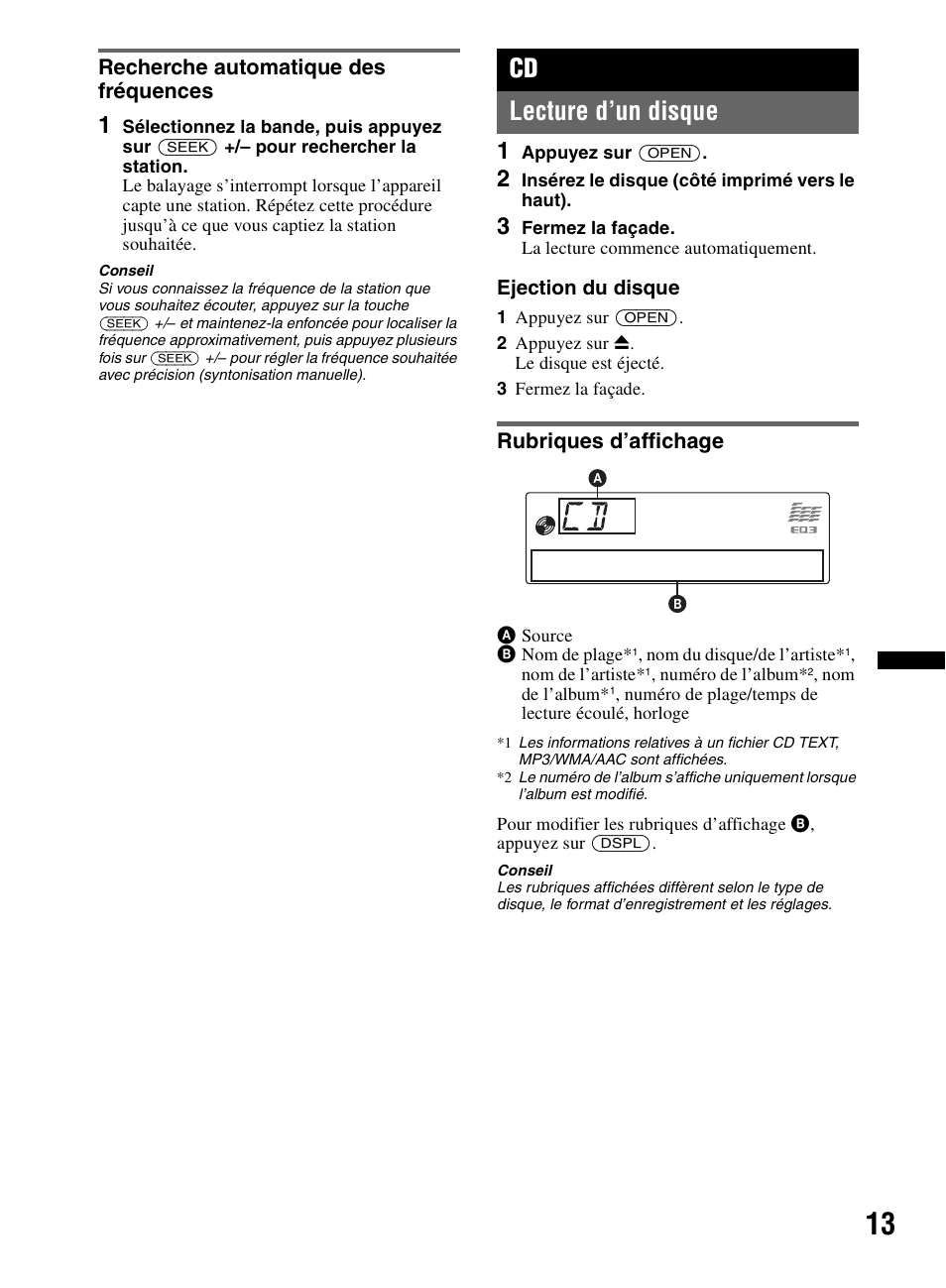 Recherche automatique des fréquences, Lecture d’un disque, Rubriques d’affichage | Cd lecture d’un disque | Sony CDX-M60UI User Manual | Page 37 / 140