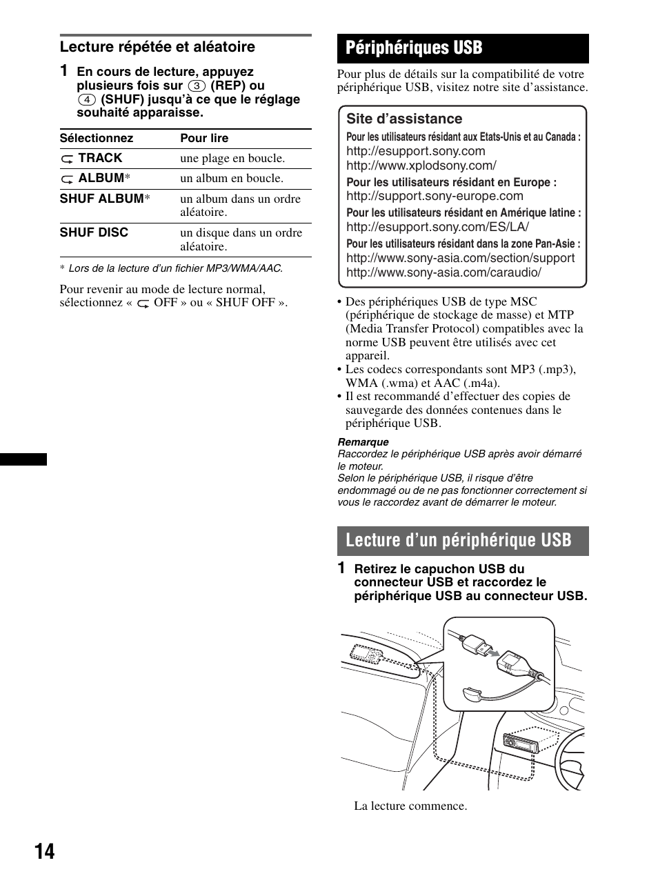 Lecture répétée et aléatoire, Périphériques usb, Lecture d’un périphérique usb | Sony CDX-M60UI User Manual | Page 38 / 140
