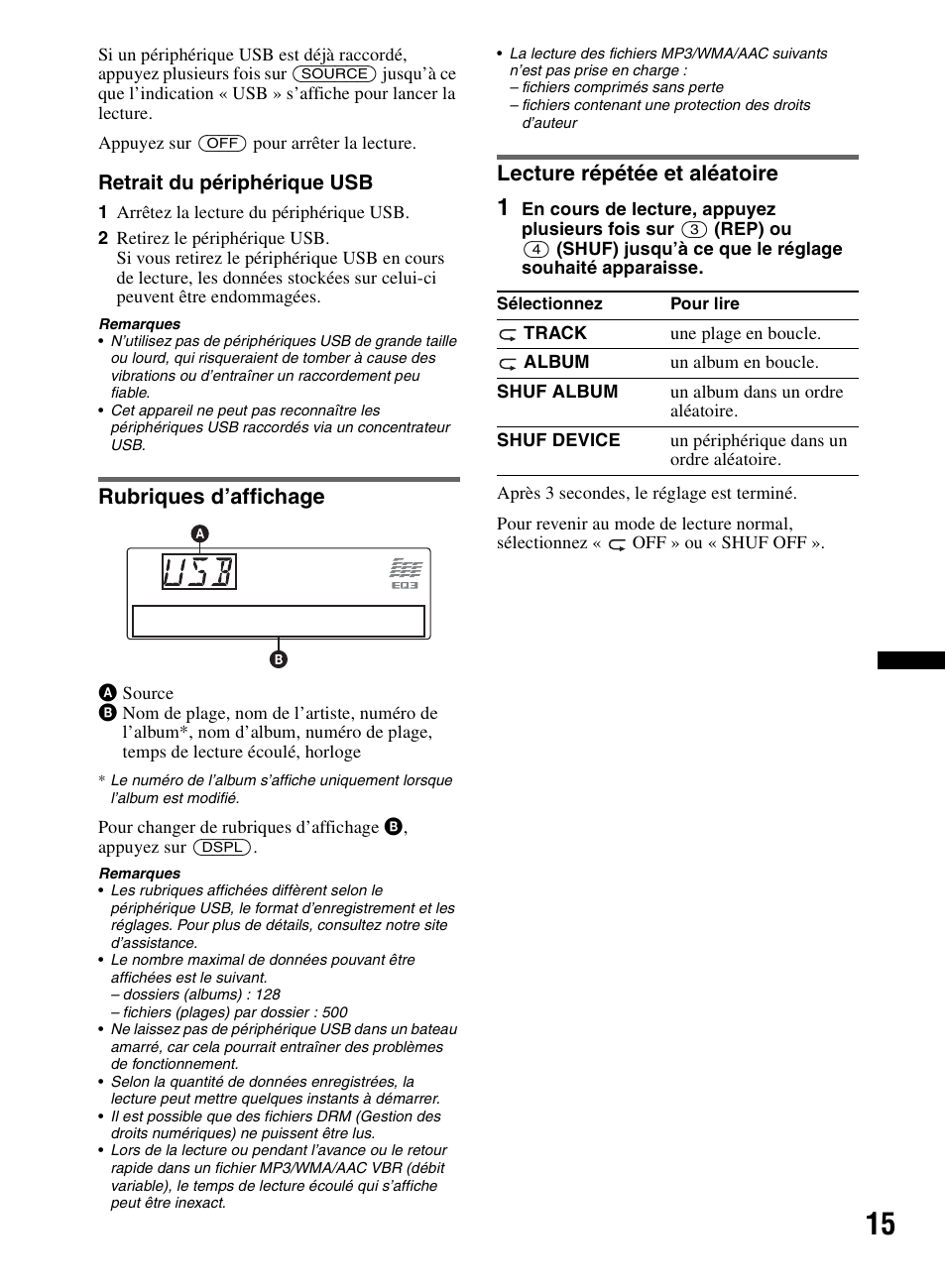 Rubriques d’affichage, Lecture répétée et aléatoire, Rubriques d’affichage lecture répétée et aléatoire | Sony CDX-M60UI User Manual | Page 39 / 140