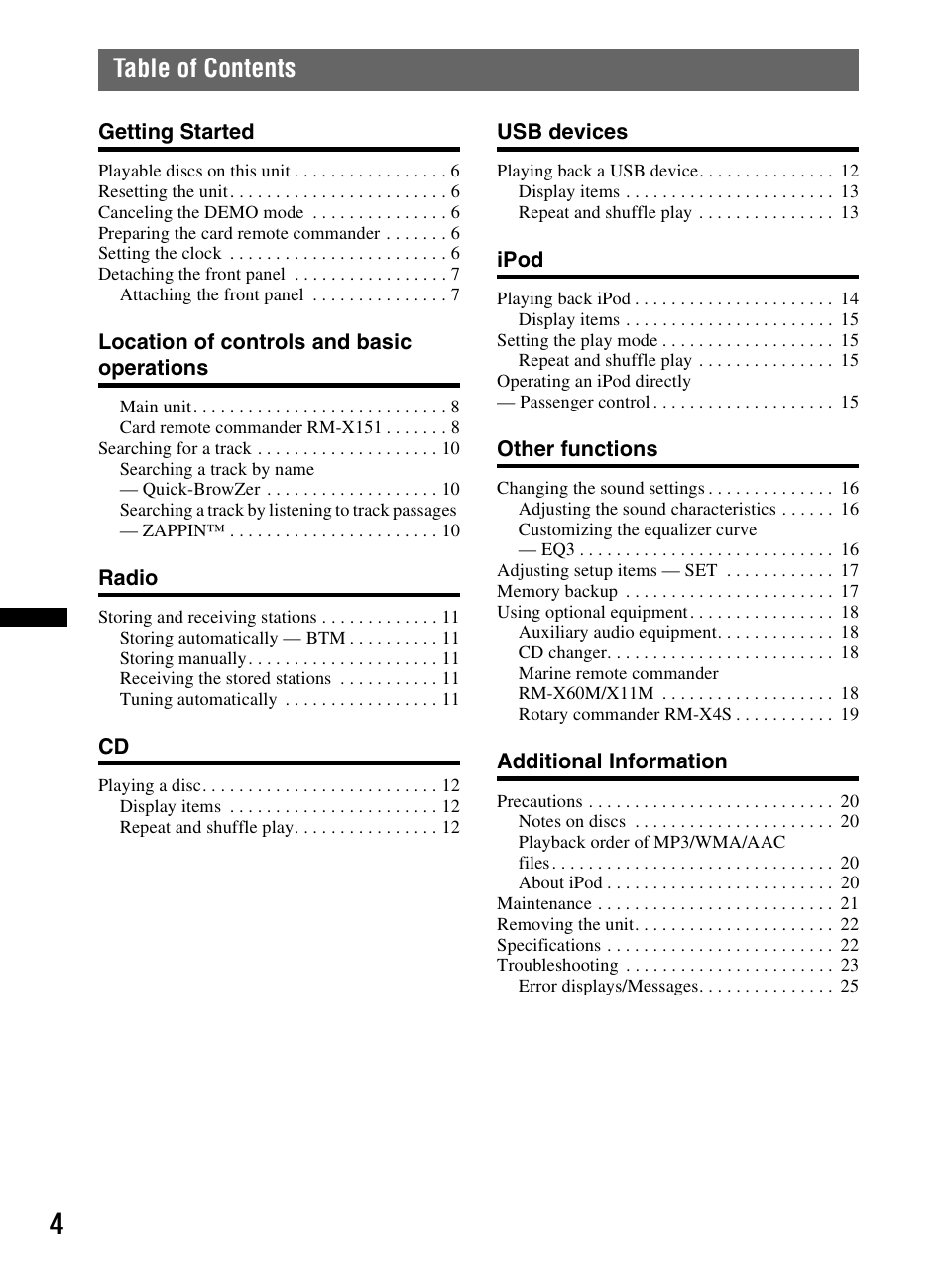 Sony CDX-M60UI User Manual | Page 4 / 140