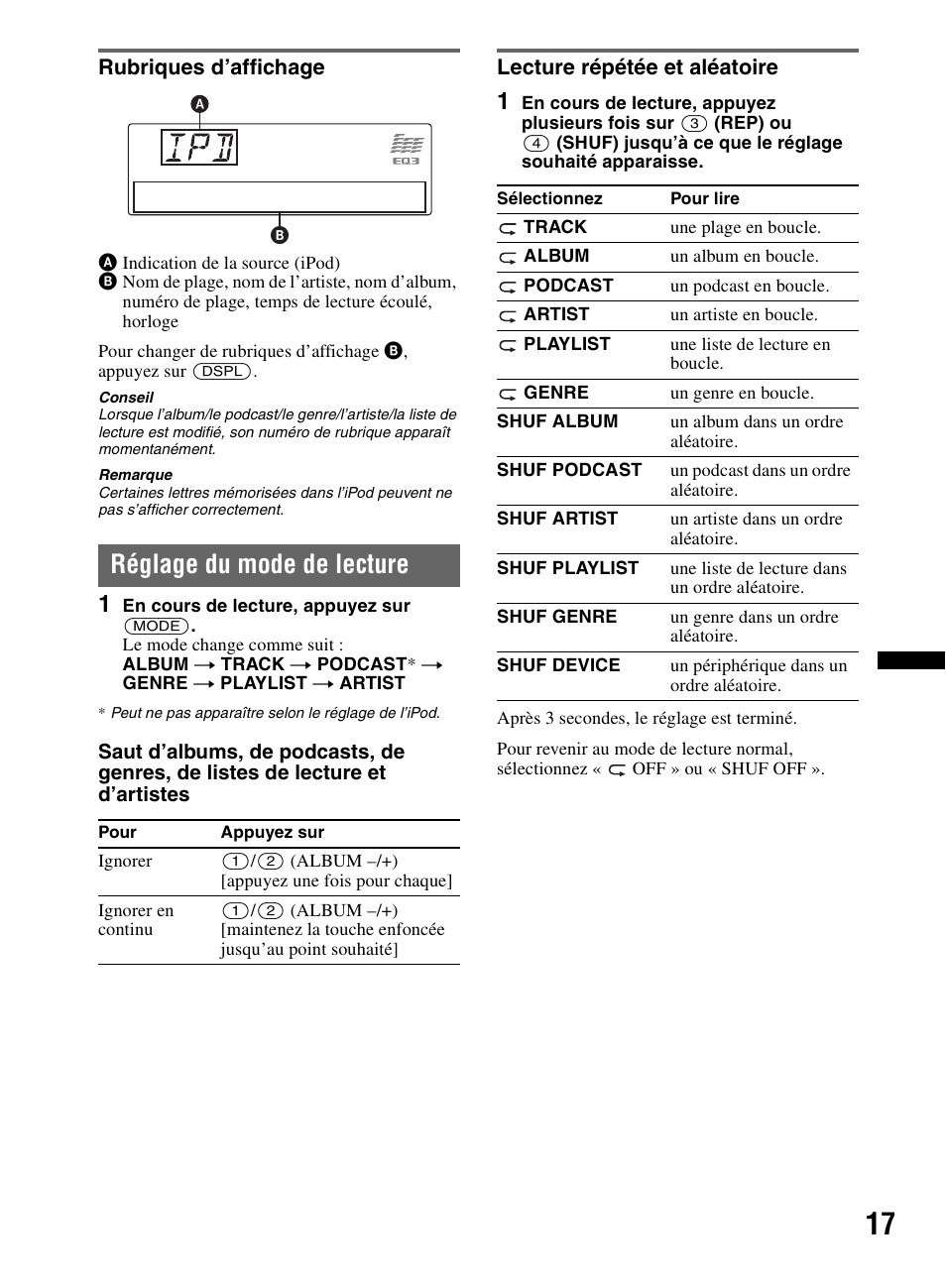 Rubriques d’affichage, Réglage du mode de lecture, Lecture répétée et aléatoire | Sony CDX-M60UI User Manual | Page 41 / 140