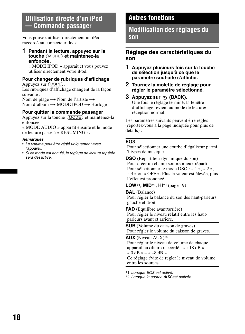 Utilisation directe d’un ipod - commande passager, Autres fonctions, Modification des réglages du son | Réglage des caractéristiques du son, Utilisation directe d’un ipod — commande passager, Autres fonctions modification des réglages du son | Sony CDX-M60UI User Manual | Page 42 / 140