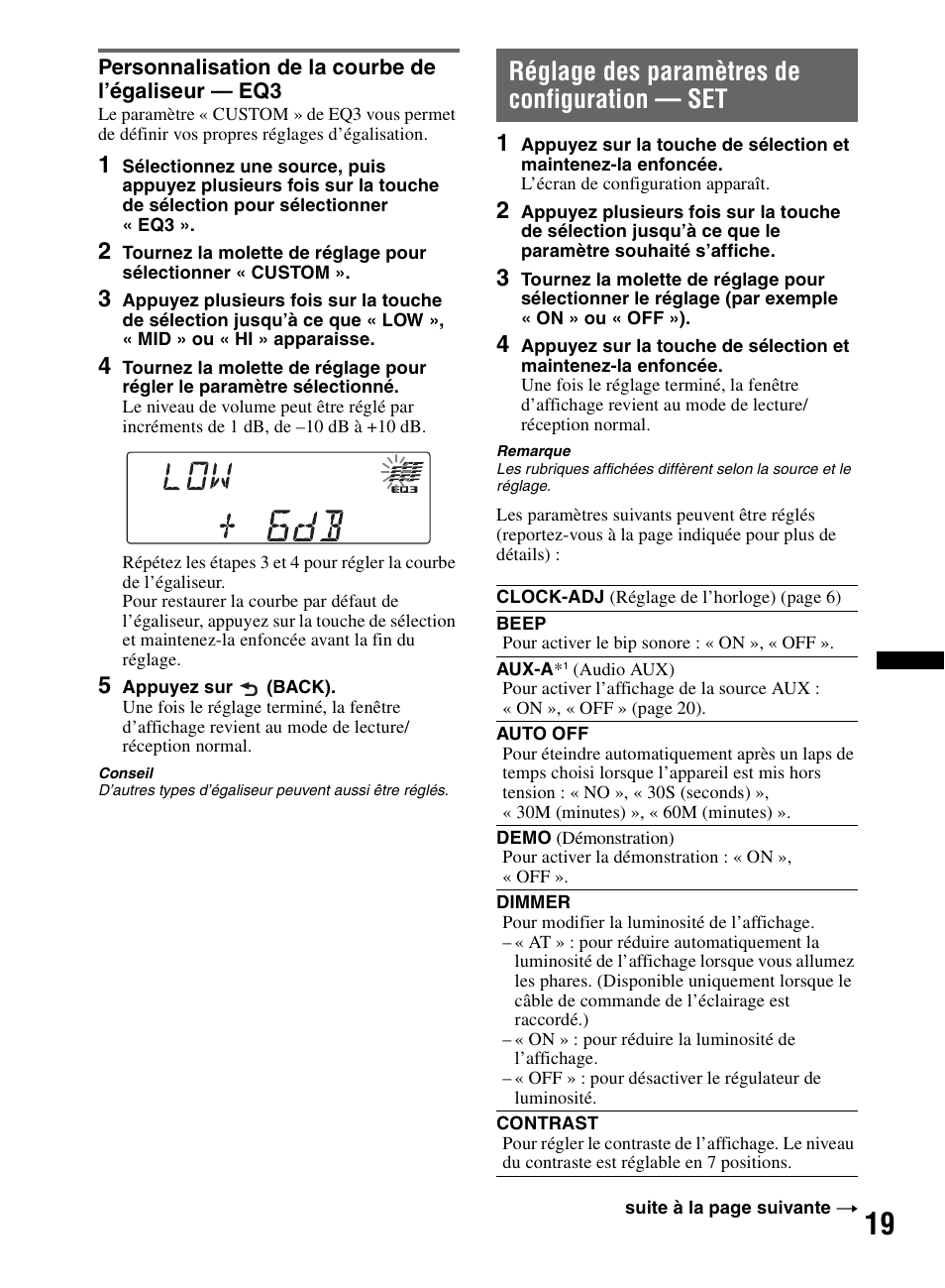 Personnalisation de la courbe de l’égaliseur - eq3, Réglage des paramètres de configuration - set, Personnalisation de la courbe de l’égaliseur — eq3 | Réglage des paramètres de configuration — set | Sony CDX-M60UI User Manual | Page 43 / 140