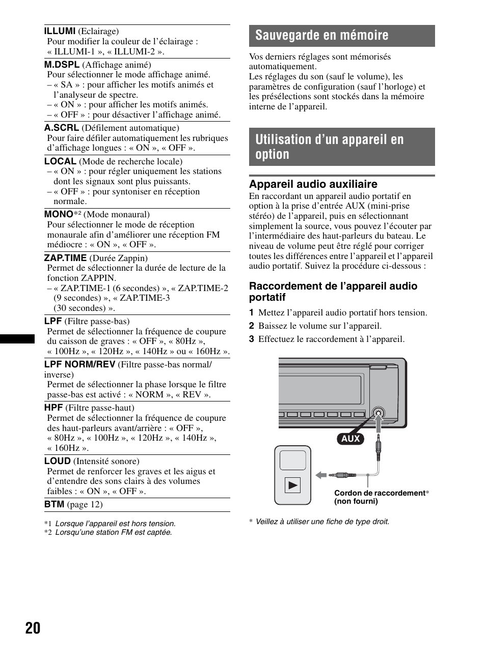 Sauvegarde en mémoire, Utilisation d’un appareil en option, Appareil audio auxiliaire | Sony CDX-M60UI User Manual | Page 44 / 140