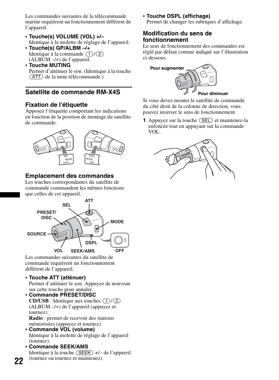 Satellite de commande rm-x4s, Fixation de l’étiquette, Emplacement des commandes | Modification du sens de fonctionnement | Sony CDX-M60UI User Manual | Page 46 / 140