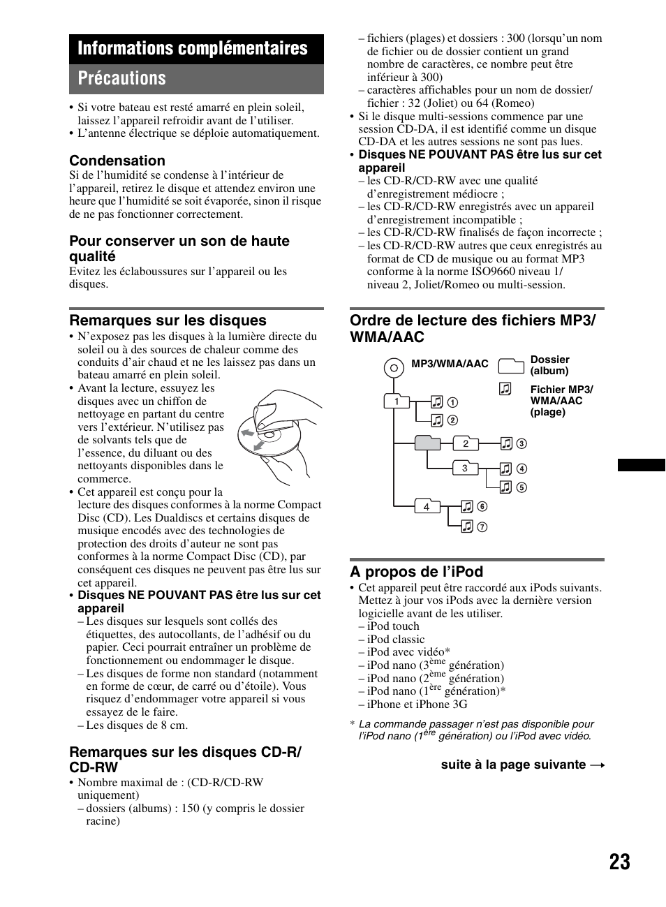 Informations complémentaires, Précautions, Remarques sur les disques | Ordre de lecture des fichiers mp3/ wma/aac, A propos de l’ipod, Informations complémentaires précautions | Sony CDX-M60UI User Manual | Page 47 / 140