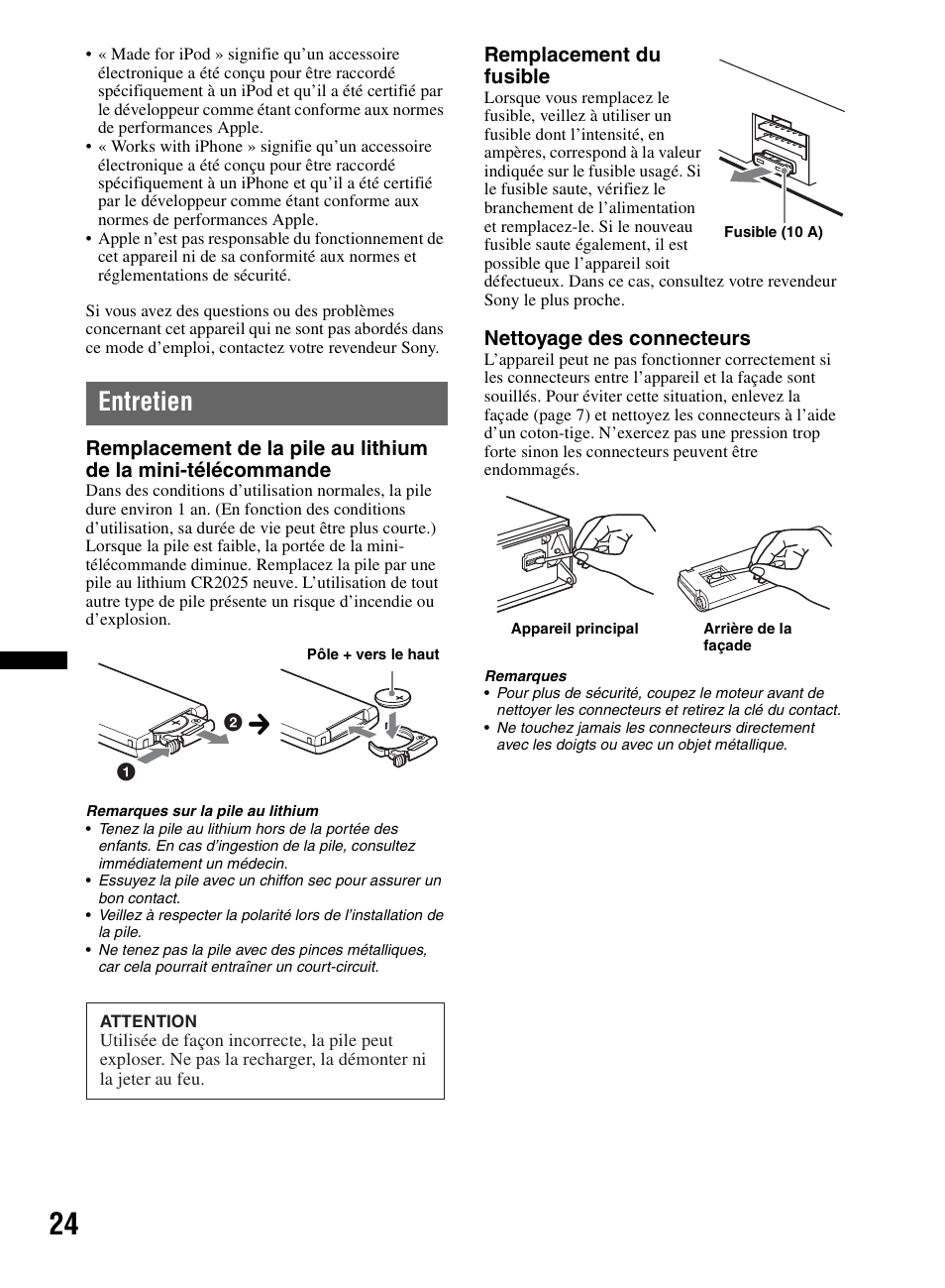 Entretien | Sony CDX-M60UI User Manual | Page 48 / 140