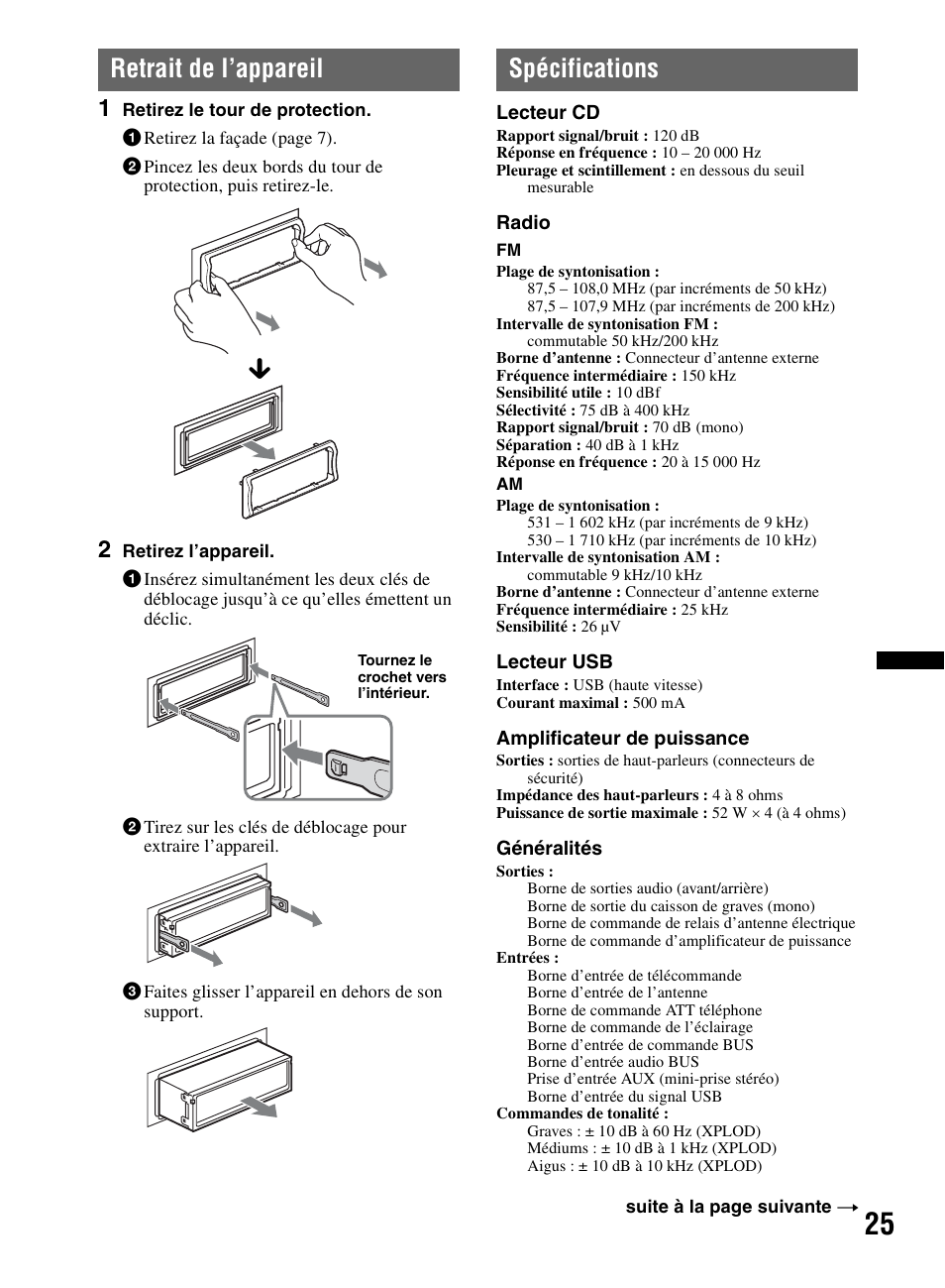 Retrait de l’appareil, Spécifications, Retrait de l’appareil spécifications | Sony CDX-M60UI User Manual | Page 49 / 140