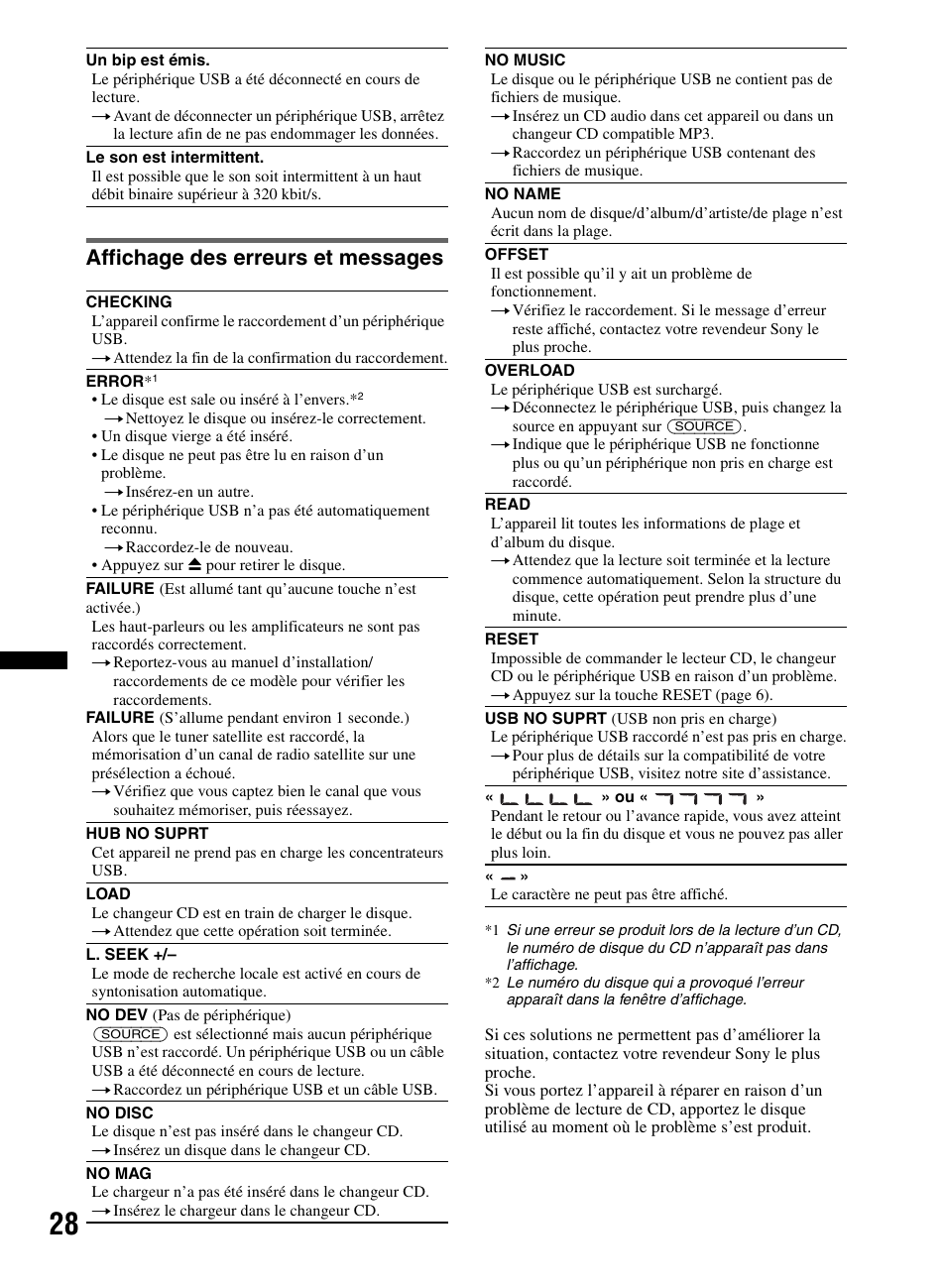 Affichage des erreurs et messages | Sony CDX-M60UI User Manual | Page 52 / 140