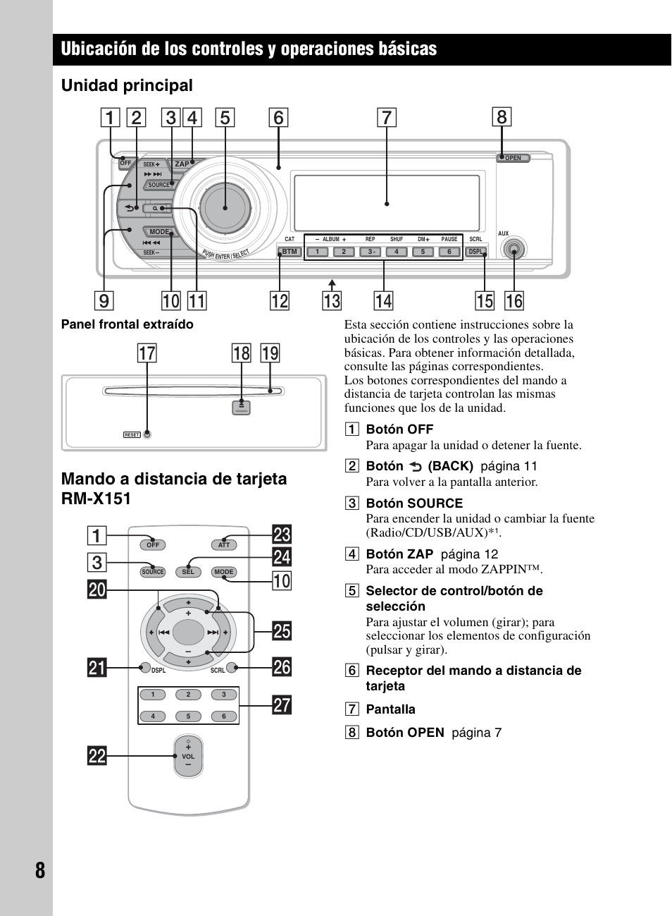 Ubicación de los controles y operaciones básicas, Unidad principal, Mando a distancia de tarjeta rm-x151 | Qk ql qj, 3wf 0 1 wh w; wa wd ws wj wg | Sony CDX-M60UI User Manual | Page 60 / 140