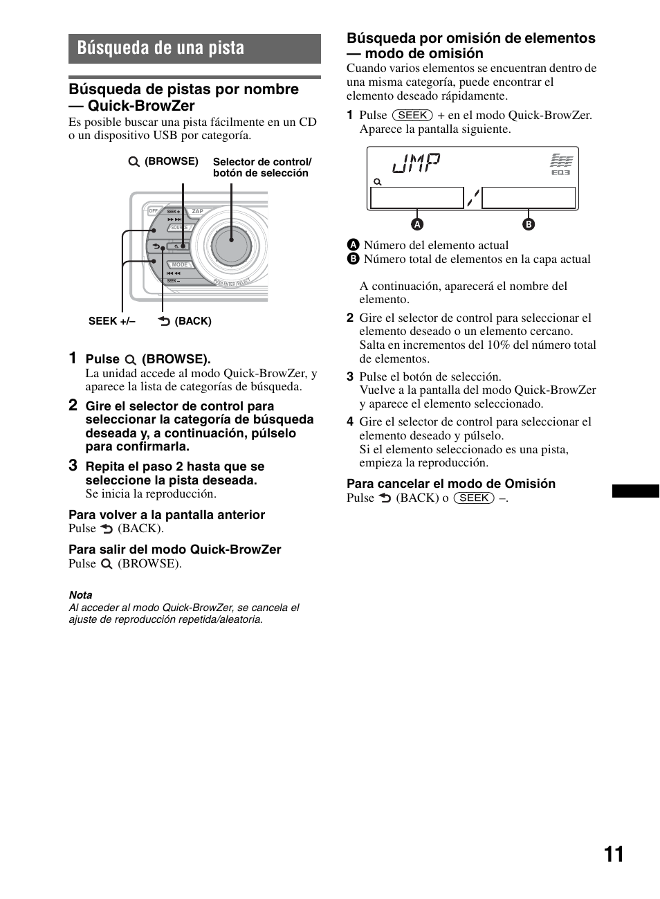 Búsqueda de una pista, Búsqueda de pistas por nombre - quick-browzer, Búsqueda de pistas por nombre — quick-browzer | Sony CDX-M60UI User Manual | Page 63 / 140