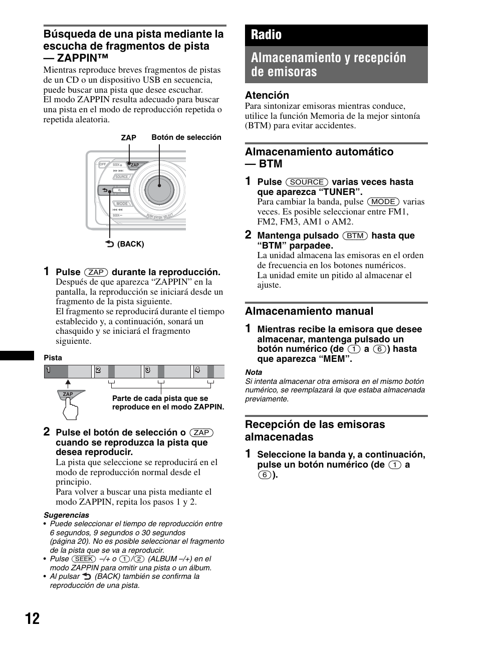 Radio, Almacenamiento y recepción de emisoras, Almacenamiento automático - btm | Almacenamiento manual, Recepción de las emisoras almacenadas, Radio almacenamiento y recepción de emisoras, Almacenamiento automático — btm, Atención | Sony CDX-M60UI User Manual | Page 64 / 140