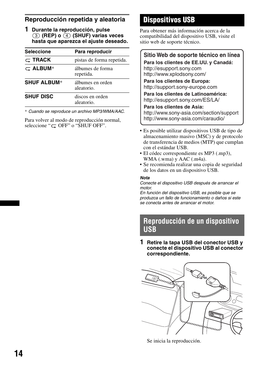 Reproducción repetida y aleatoria, Dispositivos usb, Reproducción de un dispositivo usb | Sony CDX-M60UI User Manual | Page 66 / 140