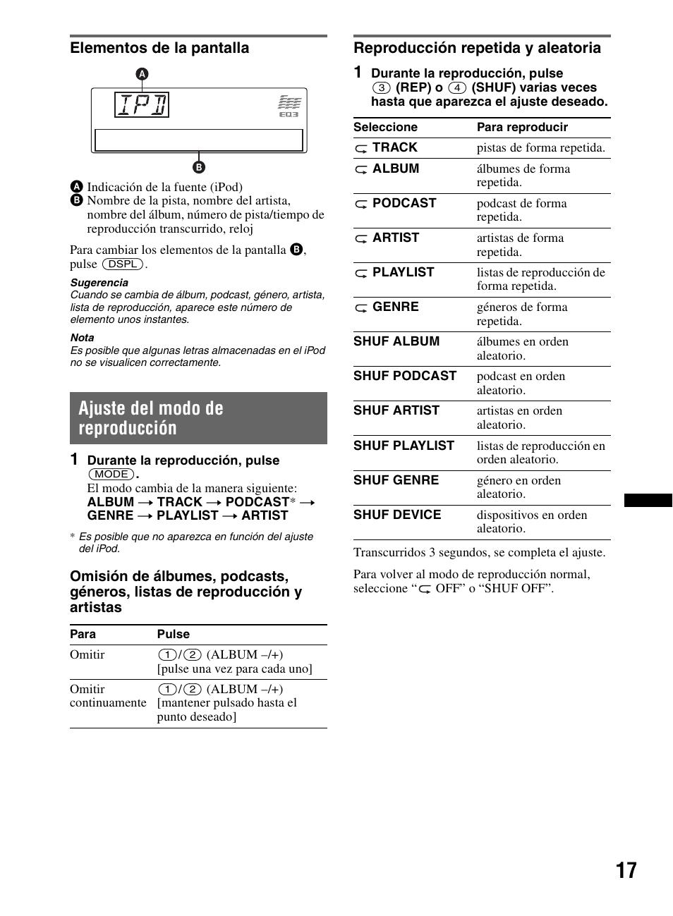 Elementos de la pantalla, Ajuste del modo de reproducción, Reproducción repetida y aleatoria | Sony CDX-M60UI User Manual | Page 69 / 140