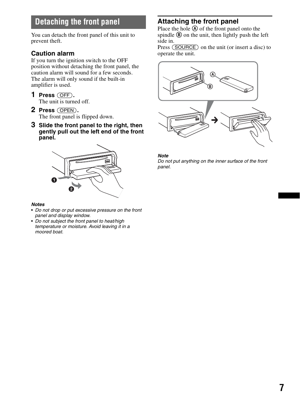 Detaching the front panel, Attaching the front panel | Sony CDX-M60UI User Manual | Page 7 / 140