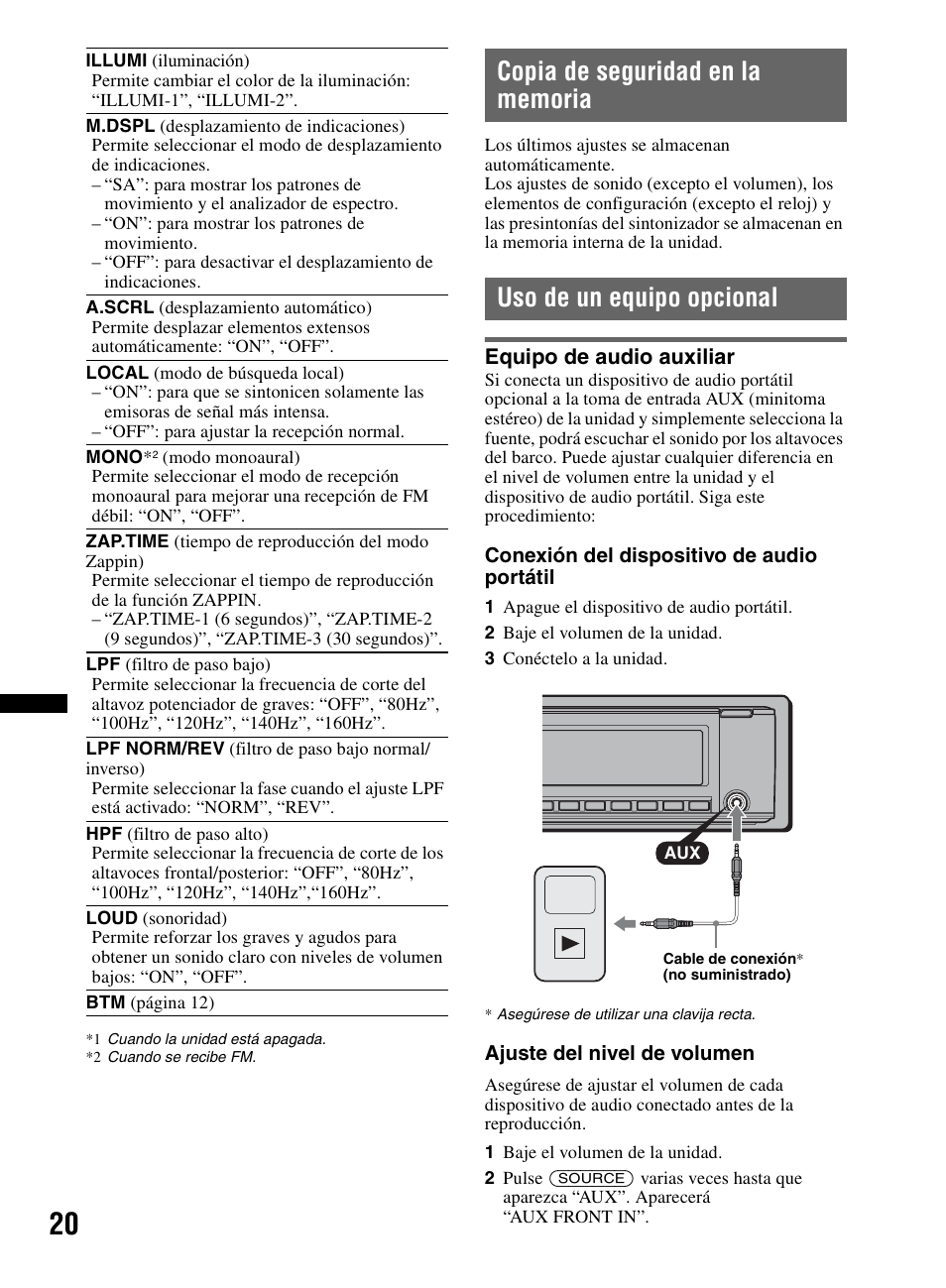 Copia de seguridad en la memoria, Uso de un equipo opcional, Equipo de audio auxiliar | Sony CDX-M60UI User Manual | Page 72 / 140