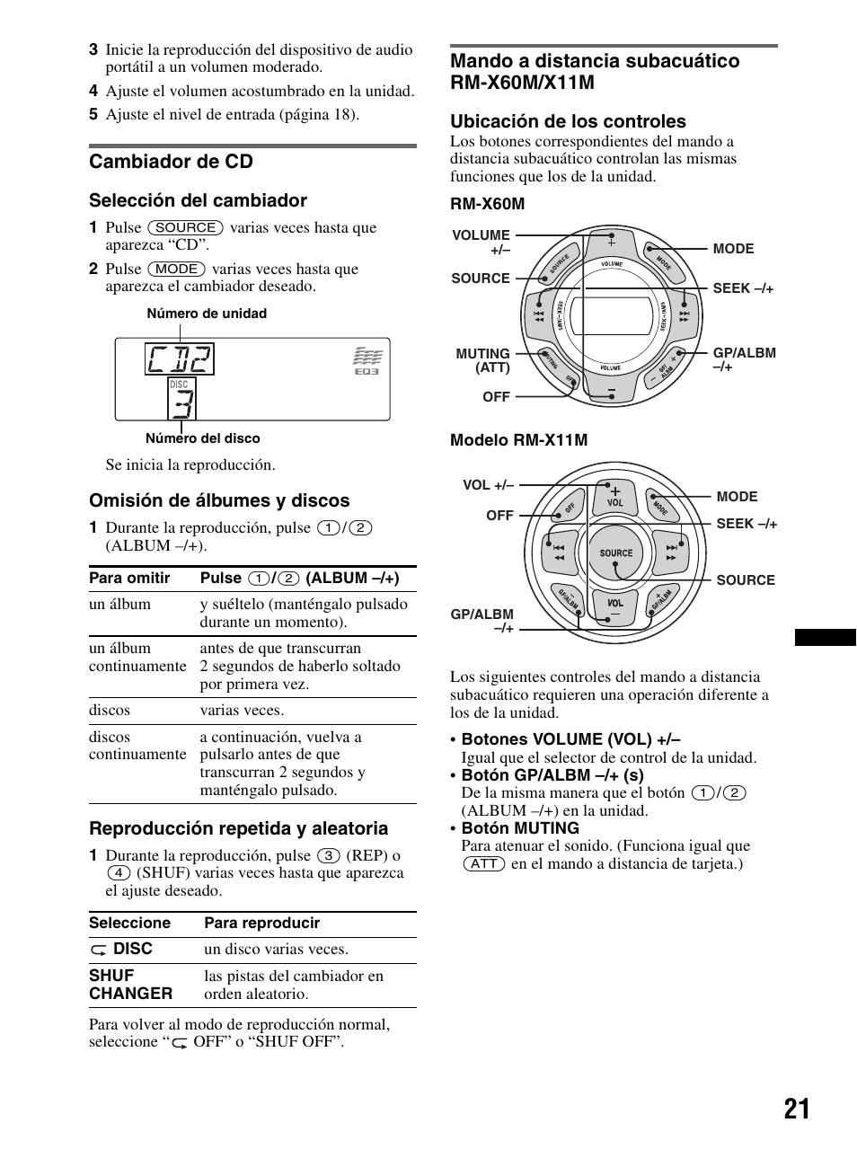 Cambiador de cd, Mando a distancia subacuático rm-x60m/x11m | Sony CDX-M60UI User Manual | Page 73 / 140