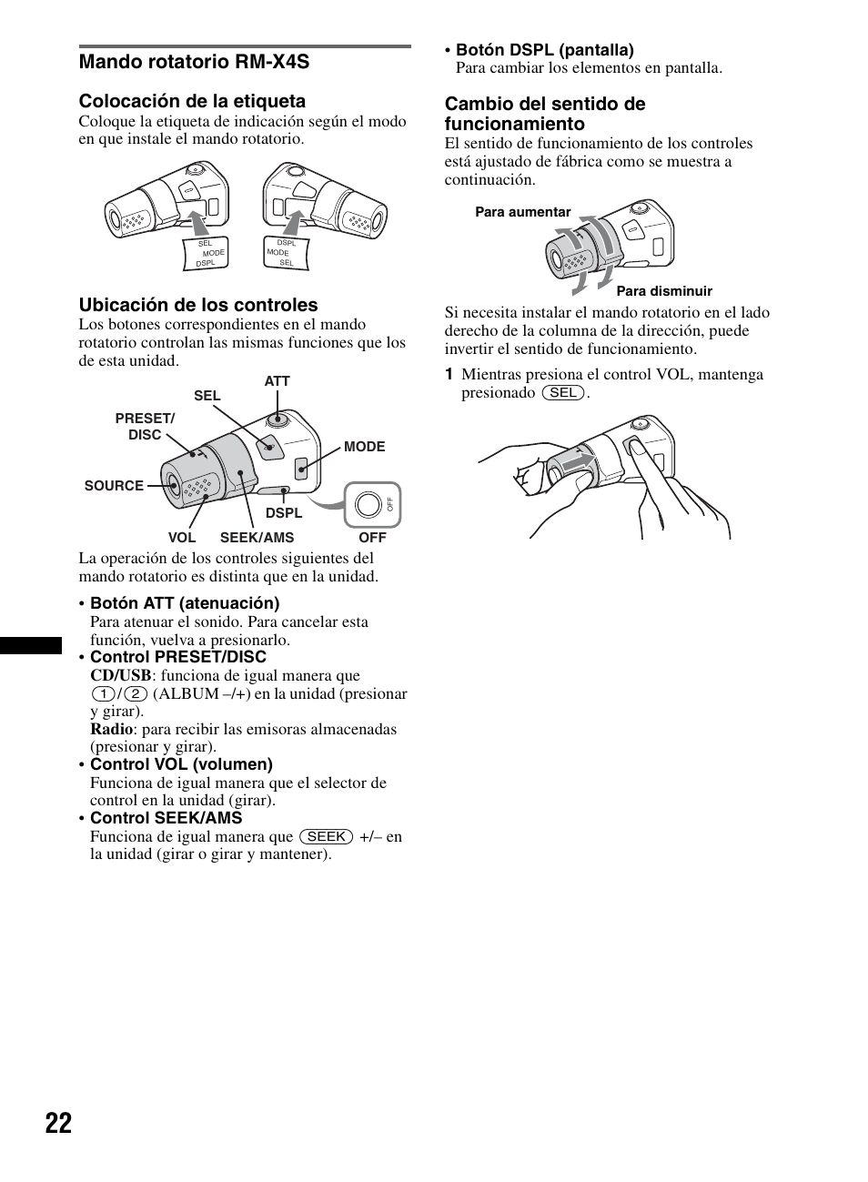Mando rotatorio rm-x4s, Colocación de la etiqueta, Ubicación de los controles | Cambio del sentido de funcionamiento | Sony CDX-M60UI User Manual | Page 74 / 140