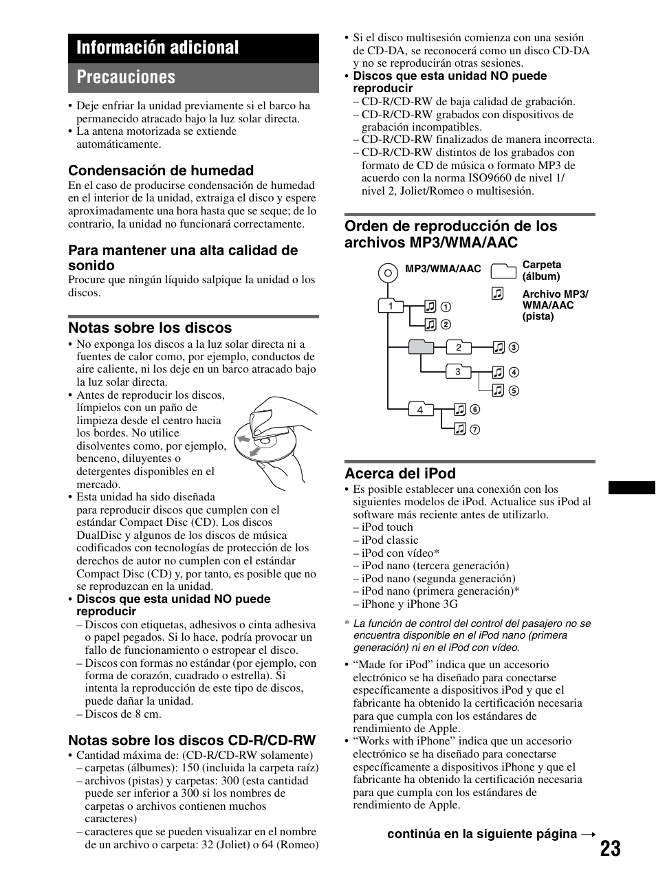 Información adicional, Precauciones, Notas sobre los discos | Orden de reproducción de los archivos mp3/wma/aac, Acerca del ipod, Información adicional precauciones | Sony CDX-M60UI User Manual | Page 75 / 140