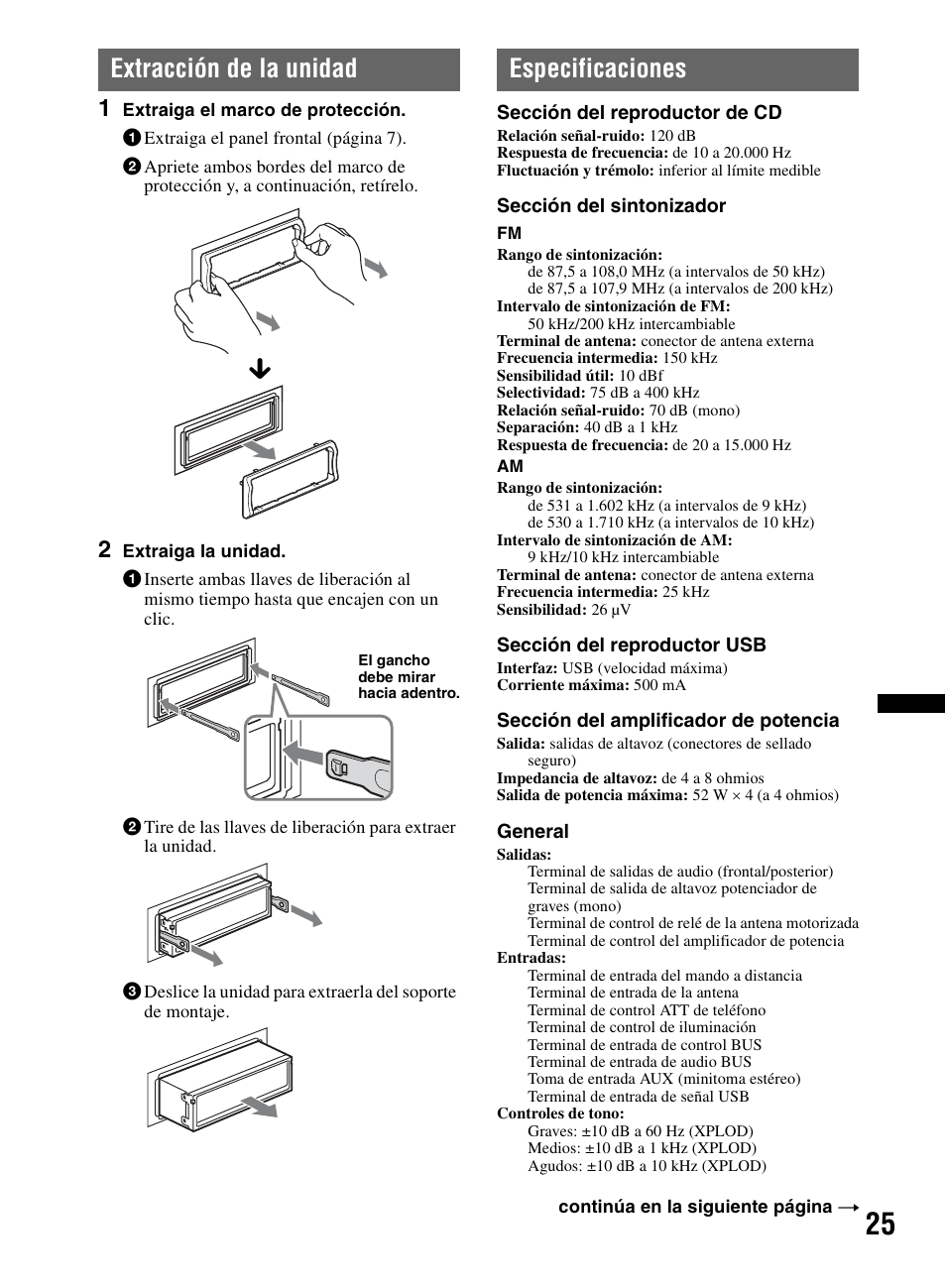 Extracción de la unidad, Especificaciones, Extracción de la unidad especificaciones | Sony CDX-M60UI User Manual | Page 77 / 140