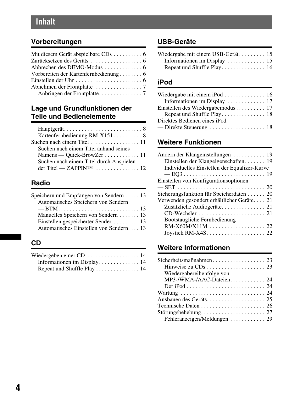 Inhalt | Sony CDX-M60UI User Manual | Page 84 / 140