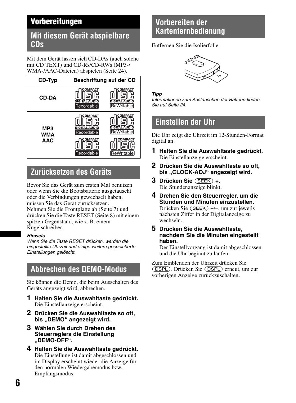 Vorbereitungen, Mit diesem gerät abspielbare cds, Zurücksetzen des geräts | Abbrechen des demo-modus, Vorbereiten der kartenfernbedienung, Einstellen der uhr, Seite 6 nach, Vorbereitungen mit diesem gerät abspielbare cds | Sony CDX-M60UI User Manual | Page 86 / 140