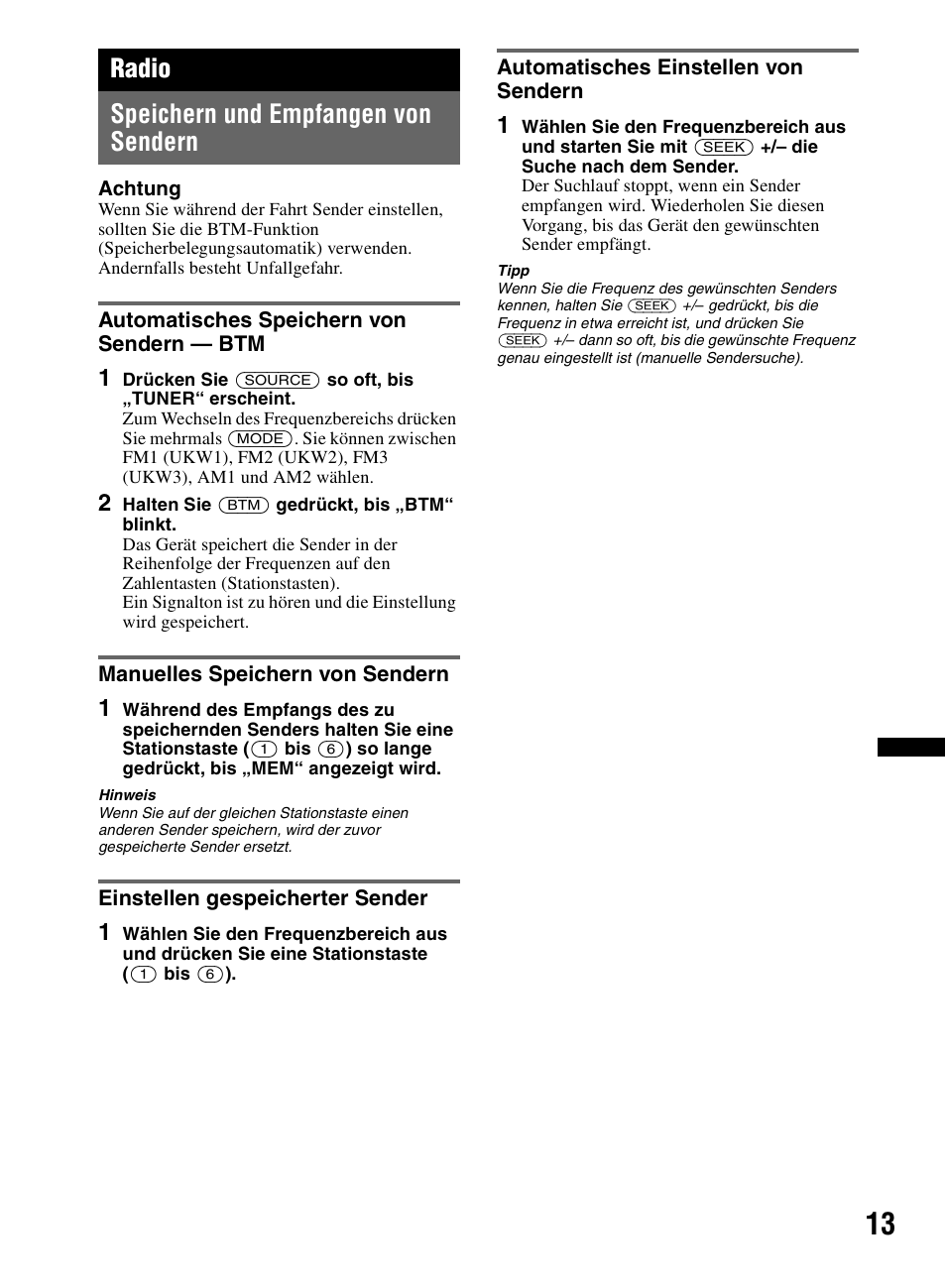 Radio, Speichern und empfangen von sendern, Automatisches speichern von sendern - btm | Manuelles speichern von sendern, Einstellen gespeicherter sender, Automatisches einstellen von sendern, Seite 13, Radio speichern und empfangen von sendern | Sony CDX-M60UI User Manual | Page 93 / 140