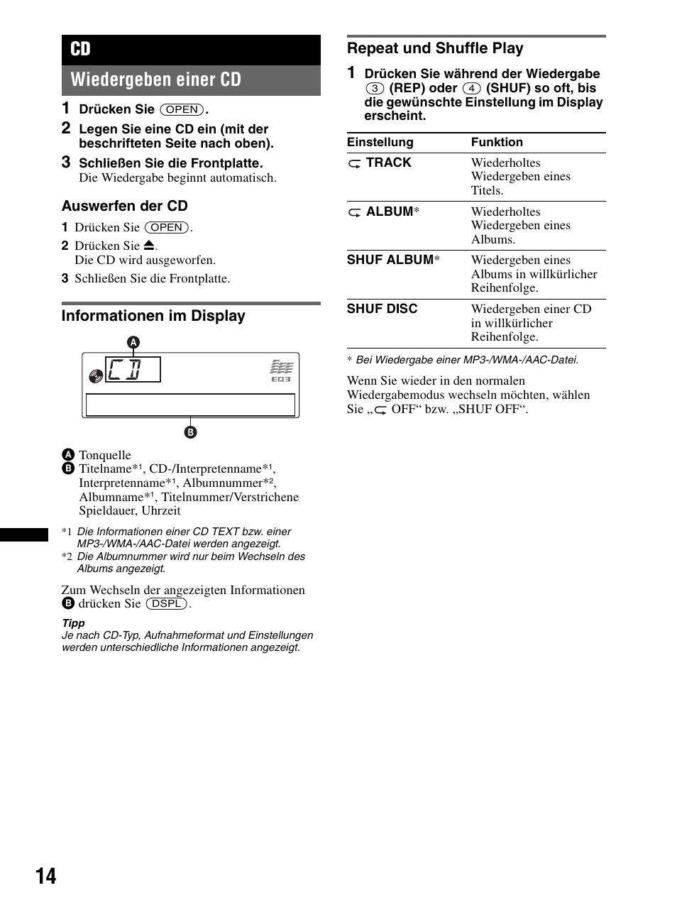 Wiedergeben einer cd, Informationen im display, Repeat und shuffle play | Informationen im display repeat und shuffle play, Ep seite 14, Seite 14, Cd wiedergeben einer cd | Sony CDX-M60UI User Manual | Page 94 / 140