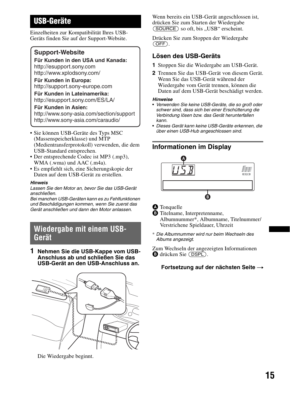 Usb-geräte, Wiedergabe mit einem usb- gerät, Informationen im display | Wiedergabe mit einem usb-gerät | Sony CDX-M60UI User Manual | Page 95 / 140