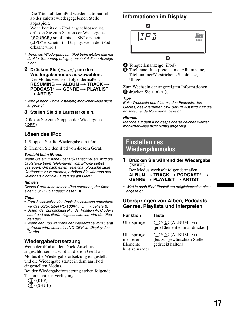 Informationen im display, Einstellen des wiedergabemodus | Sony CDX-M60UI User Manual | Page 97 / 140