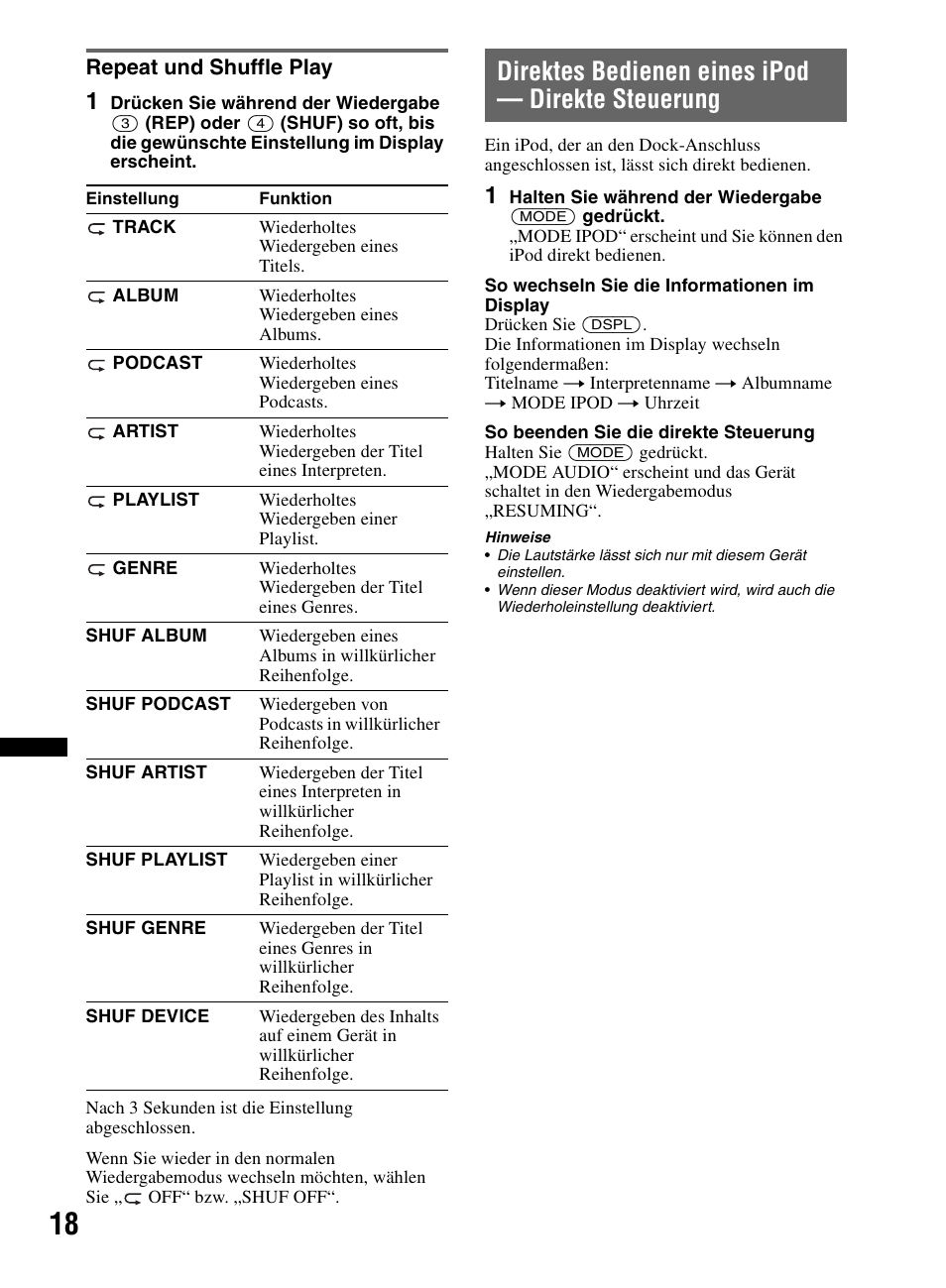 Repeat und shuffle play, Direktes bedienen eines ipod - direkte steuerung, Direktes bedienen eines ipod — direkte steuerung | Sony CDX-M60UI User Manual | Page 98 / 140