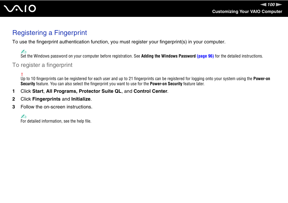 Registering a fingerprint | Sony USER GUIDE V G N - C S 2 0 0 User Manual | Page 100 / 184