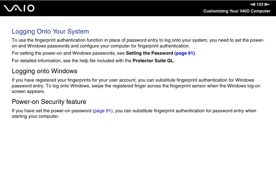 Logging onto your system, Logging onto windows, Power-on security feature | Sony USER GUIDE V G N - C S 2 0 0 User Manual | Page 103 / 184