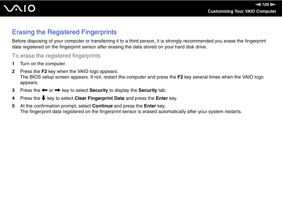 Erasing the registered fingerprints | Sony USER GUIDE V G N - C S 2 0 0 User Manual | Page 105 / 184