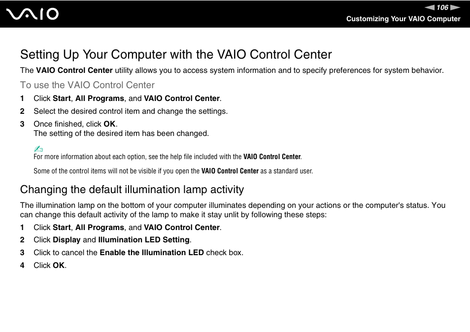 Changing the default illumination lamp activity | Sony USER GUIDE V G N - C S 2 0 0 User Manual | Page 106 / 184