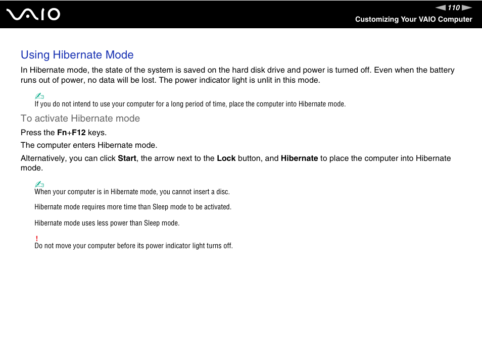 Using hibernate mode | Sony USER GUIDE V G N - C S 2 0 0 User Manual | Page 110 / 184