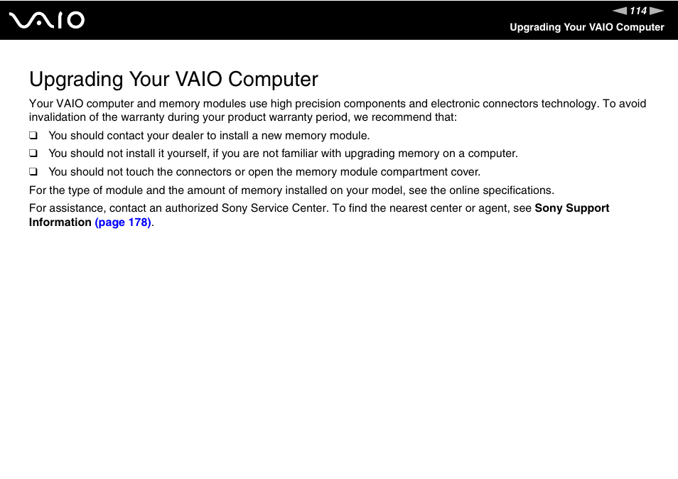 Upgrading your vaio computer | Sony USER GUIDE V G N - C S 2 0 0 User Manual | Page 114 / 184